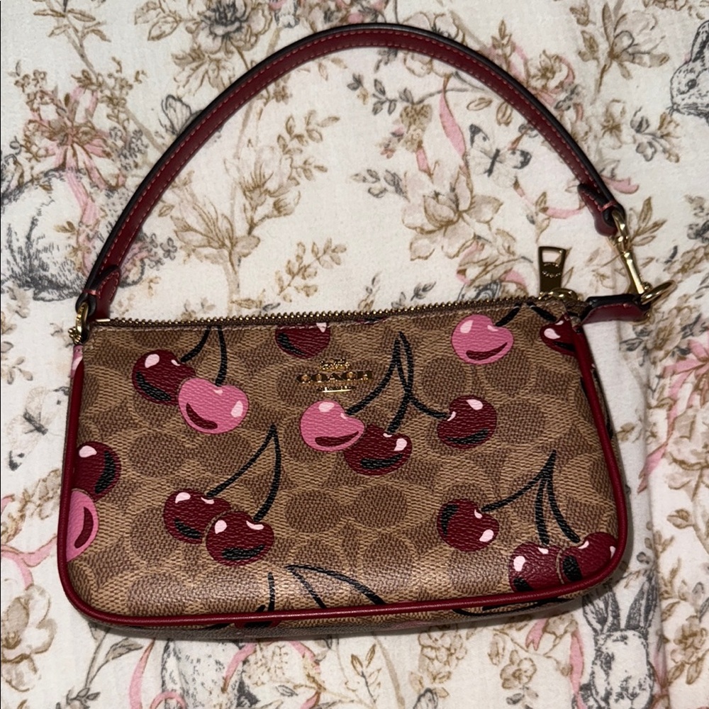 Coach Cherry Print Tan and Red Shoulder Bag